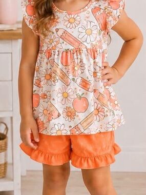 Girls Orange Floral & Pencil Print Ruffled Short Set